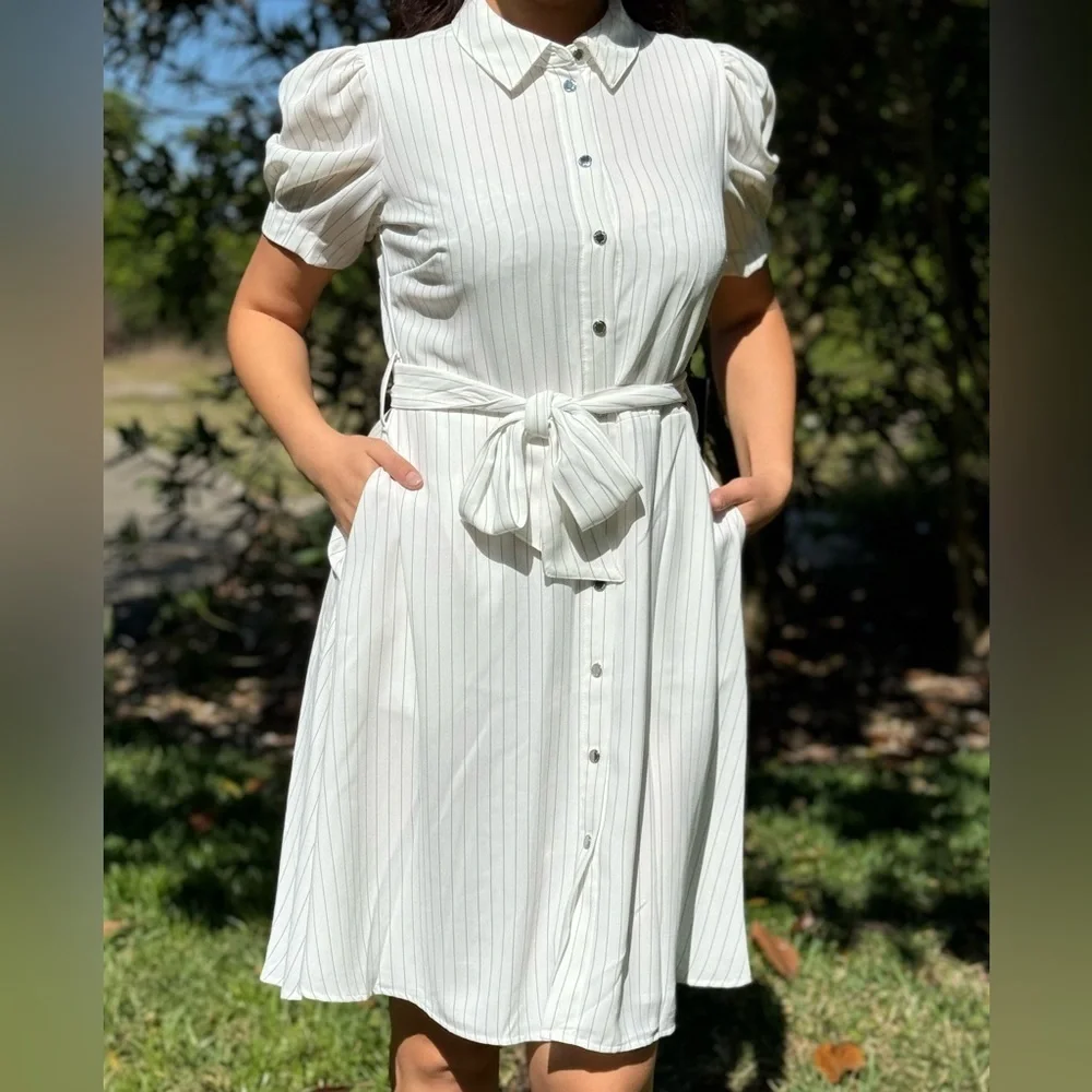 KARL LAGERFELD PARIS Women's Striped Tie-Front Shirtdress - Picture 3 of 14